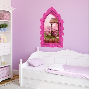 Magic Wishing Well Castle Window 3D Wall Mural Peel and Stick Wall Sticker for Girls Bedroom Playroom Decor