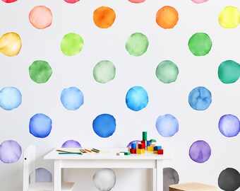 Medium Watercolor Rainbow Dots Wall Decal Set, 32 Dots, Removable Fabric Vinyl Wall Stickers - DecalBaby