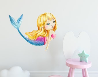 Watercolor Mermaid #3 Wall Decal Ocean Sea Life Removable Fabric Wall Sticker | DecalBaby