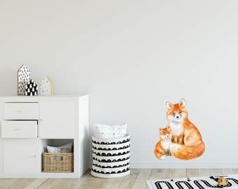 Mother Fox with Baby Wall Decal Removable Fabric Watercolor Foxes Wall Sticker Woodland Forest Animal Nursery Decor