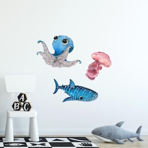 Underwater World Set #1 Wall Decal, Watercolor Cartoon Sea Animals - Whale Shark, Octopus & Jellyfish, Ocean Nursery Decor