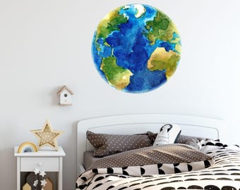 Planet Earth Watercolor Wall Decal Sticker Solar System Mural Outer Space Wall Art Removable Peel and Stick Fabric