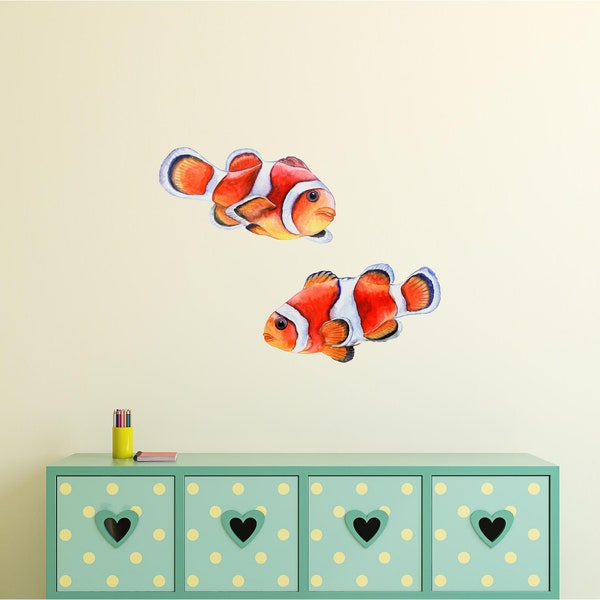 Watercolor Clownfish Set Wall Decal Removable Sea Life Wall Sticker Ocean Fish - Set of 2 Fish Decals
