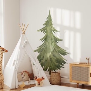 Pine Tree Wall Decal Removable Watercolor Forest Pine Tree Removable Peel and Stick Wall Sticker