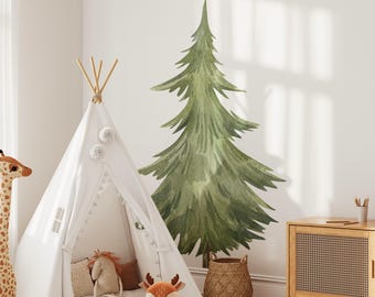 Pine Tree Wall Decal Removable Watercolor Forest Pine Tree Removable Peel and Stick Wall Sticker