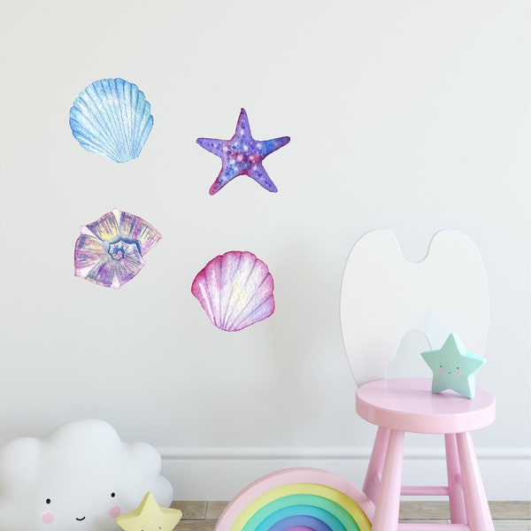 Watercolor Seashells & Starfish Wall Decal Set of 4 Ocean Sea Life Removable Fabric Wall Sticker