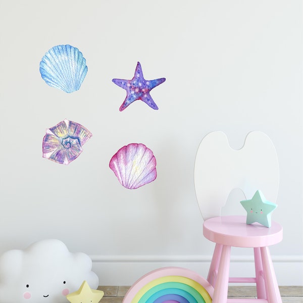 Watercolor Seashells & Starfish Wall Decal Set of 4 Ocean Sea Life Removable Fabric Wall Sticker | DecalBaby