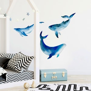 Watercolor Blue Whales Set of 3 Wall Decal Ocean Sea Life Removable Fabric Wall Sticker