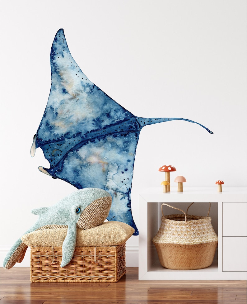 Manta Ray Wall Decal Ocean Wall Sticker, Removable Peel and Stick Fabric, Sealife Under The Sea Underwater Kids Marine Nursery Decor image 2