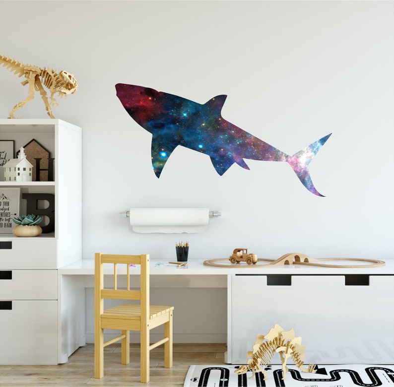galaxy space shark wall decal sticker mural kids room decor boys bedroom  removable self adhesive vinyl shark week wall decor