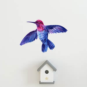 Blue & Pink Hummingbird #1 Wall Decal Watercolor Tropical Bird Wall Sticker Removable Fabric  Wall Art Decor