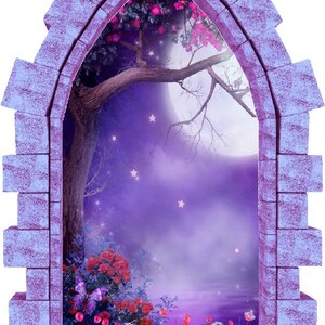 Foggy Purple Moonlight Castle Window 3D Wall Sticker Night Sky Moon Medieval Portal Girl Playroom Kids Bedroom Decor immagine 7