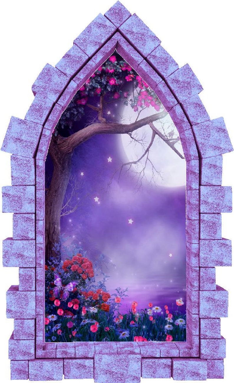 Foggy Purple Moonlight Castle Window 3D Wall Sticker Night Sky Moon Medieval Portal Girl Playroom Kids Bedroom Decor immagine 7