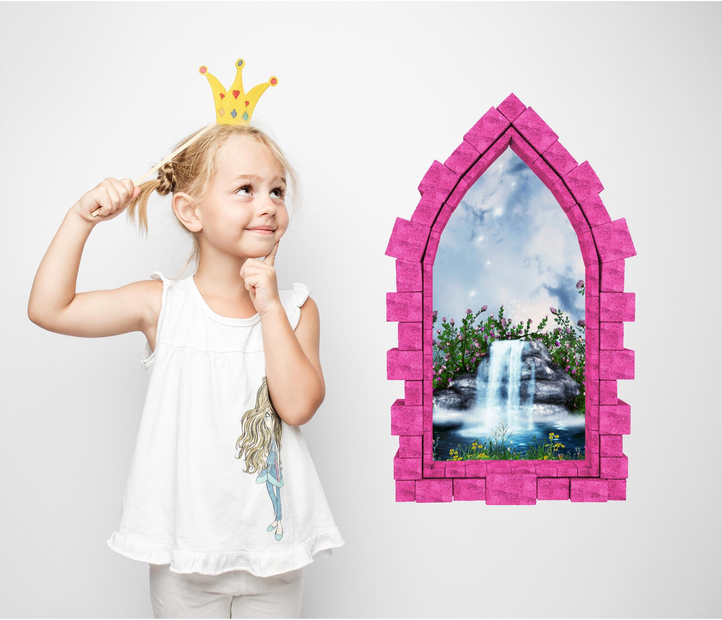 Fairy Tale Stone Waterfall Castle Window Wall Decal 3D Wall Sticker ...