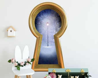 Narnia 3d Keyhole Fabric Wall Decal - Lamp Post In Snowy Forest - 3D Keyhole Wall Sticker - Wonderland Decal - Removable