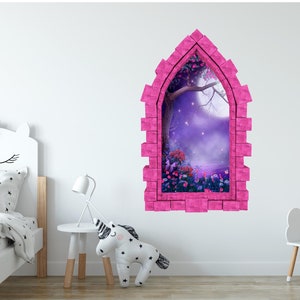 Foggy Purple Moonlight Castle Window 3D Wall Sticker Night Sky Moon Medieval Portal Girl Playroom Kids Bedroom Decor immagine 3