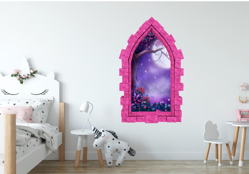 Foggy Purple Moonlight Castle Window 3D Wall Sticker Night Sky Moon Medieval Portal Girl Playroom Kids Bedroom Decor immagine 3