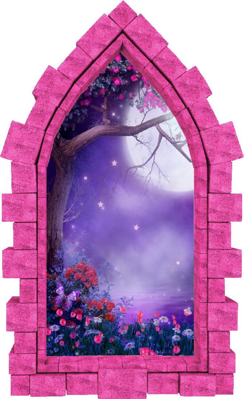 Foggy Purple Moonlight Castle Window 3D Wall Sticker Night Sky Moon Medieval Portal Girl Playroom Kids Bedroom Decor immagine 4
