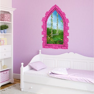 Enchanted Flower Swing Castle Window Wall Decal 3D Wall Sticker Fairy Tale Fantasy Landscape Kids Wall Art