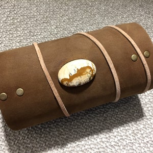 Handmade Leather Scroll Journal Desert Jasper stone, designer fabric, aged parchment, leather strap closure