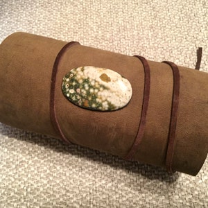 Handmade Leather Scroll Journal OCEAN JASPER designer fabric, aged parchment, leather strap closure, ocean jasper stone