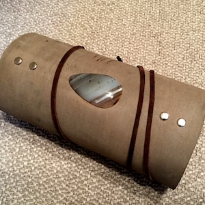 handmade  scroll journal Banded Agate aged parchment, leather, designer fabric, metal embellishments and Banded Agate stone