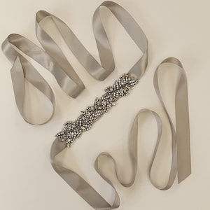 Bridal bridesmaid wedding waist belt sash in mercury ribbon handmade rhinestone crystal flower girl bridesmaid.