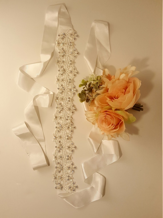 Bridal Belt Sash Sparkling Crystals on White Crocheted Lace  display picture 3