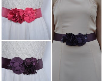 Bridal waist belt bridesmaid wedding  flower girl prom dress sash watermelon purple ribbon in floral design.