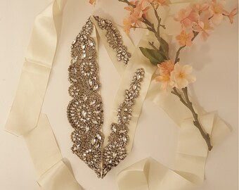 Plus size bridal bridesmaid belt wedding sash rhinestones crystal beads on white or ivory satin ribbon.