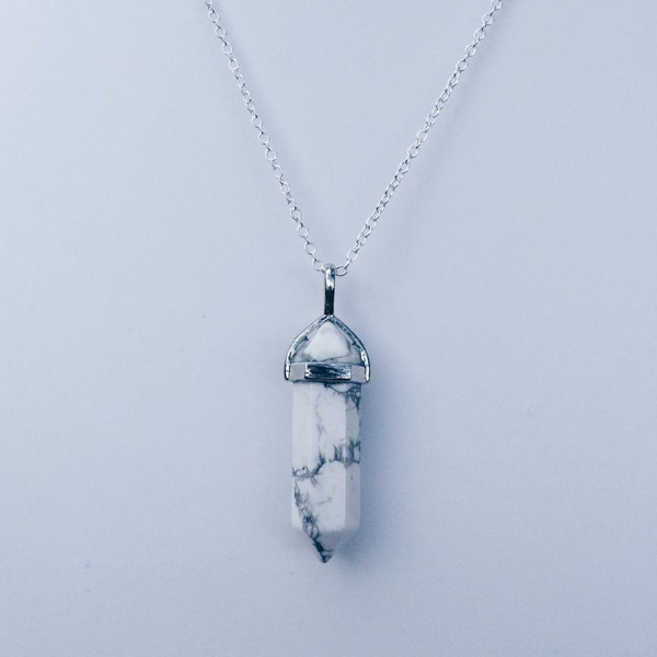 Howlite Silver Crystal Necklace, White Howlite Healing Stone Jewelry, Marble Necklace for Women