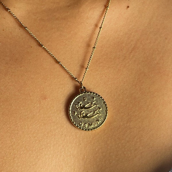 Gemini Zodiac Coin Stainless Steel Necklace, Zodiac Sign Horoscope Jewelry, 12 Constellation Gold Coin Pendants, Birthday Gift for Her