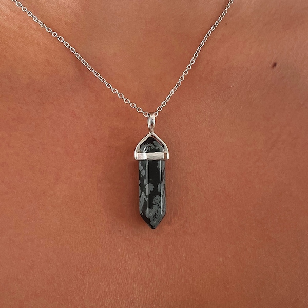 Snowflake Black Obsidian Silver Healing Stone Crystal Necklace