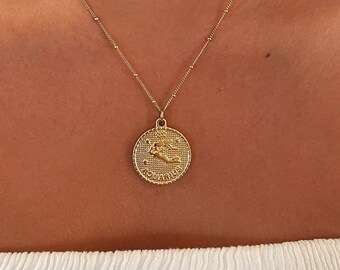 Aquarius Zodiac Coin Stainless Steel Necklace, Horoscope, Zodiac Sign Jewelry, 12 Constellation Gold Coin Pendants, Birthday Gift for Her