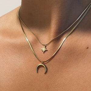 Crescent Moon Celestial Star 18k Gold Layered Necklace, Herringbone Star Snake Necklace, Double Horn Layering Necklace, Star Necklace