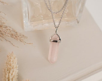 Rose Quartz Silver Healing Stone Crystal Necklace