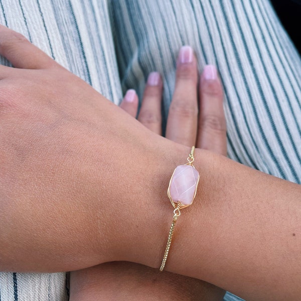 Rose Quartz Wire Wrapped Adjustable Gold Bracelet, January Birthstone Pink Bracelet