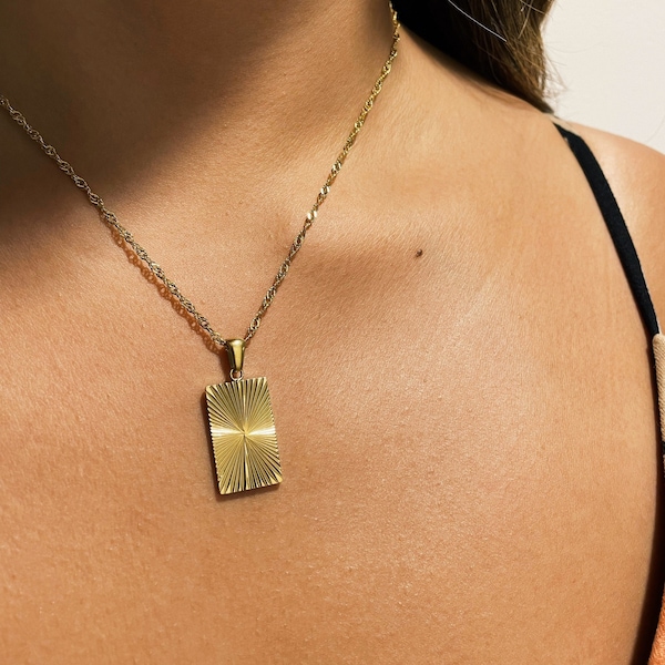 Sunburst 18K Gold Stainless Steel Necklace - Sunbeam Rectangle Pendant, Divergent Sunlight Sun Ray Necklace, Birthday Gift for Her
