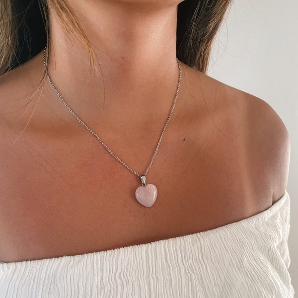 Rose Quartz Heart Necklace, Pink Healing Stone Crystal Silver Necklace Choker