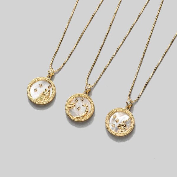 ZODIAC SIGN NECKLACE, White & Gold Horoscope Women's Coin Necklace, Zodiac Sign Jewelry, 12 Constellation Pendants, Birthday Gift for Her