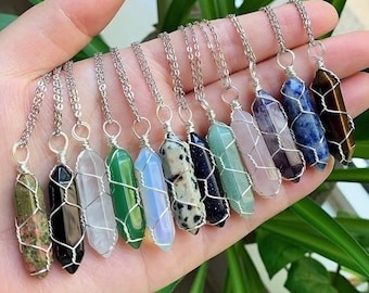 Crystal Wire Wrapped Necklaces, Rose Quartz, Amethyst, Opal, Black Obsidian, Silver Healing Stone Chakra Point Birthstone Gemstone Necklaces