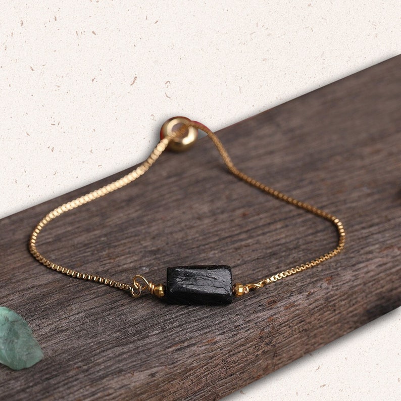 Black Tourmaline Adjustable Gold Bracelet, Negative Energy Protection, Raw Black Tourmaline Stone, October Birthstone Jewelry 