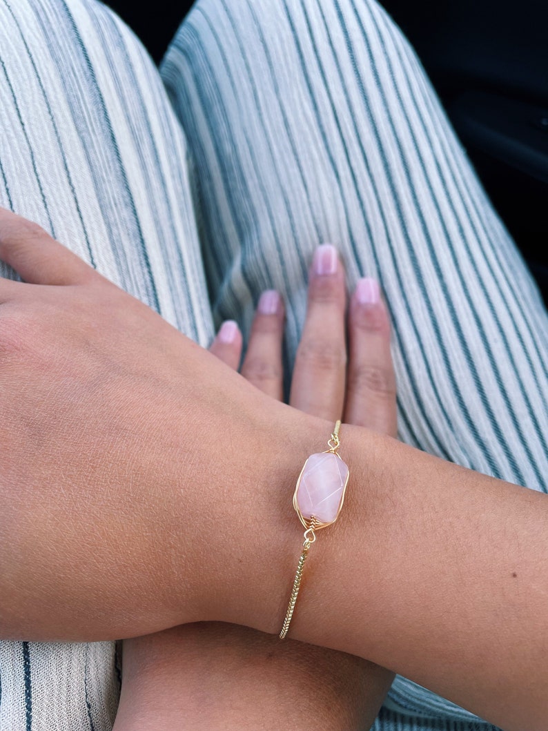 Rose Quartz Wire Wrapped Adjustable Gold Bracelet January image 1