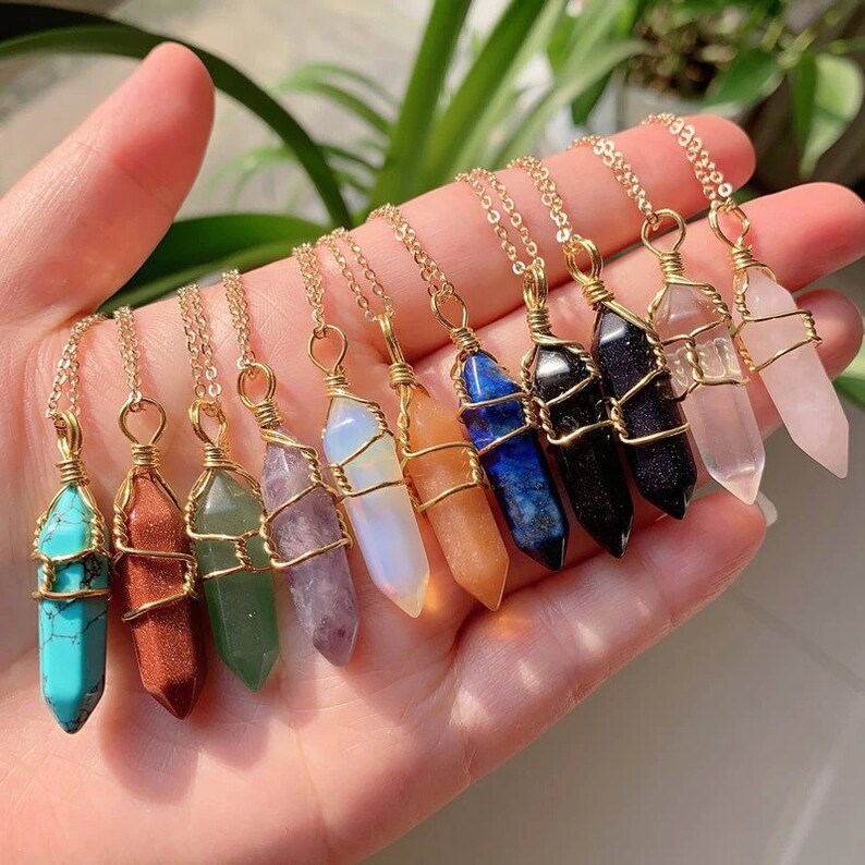 Crystal Wire Wrapped Necklaces, Rose Quartz, Amethyst, Opal, Aventurine, Gold Healing Stone Chakra Point Birthstone Gemstone Necklaces 