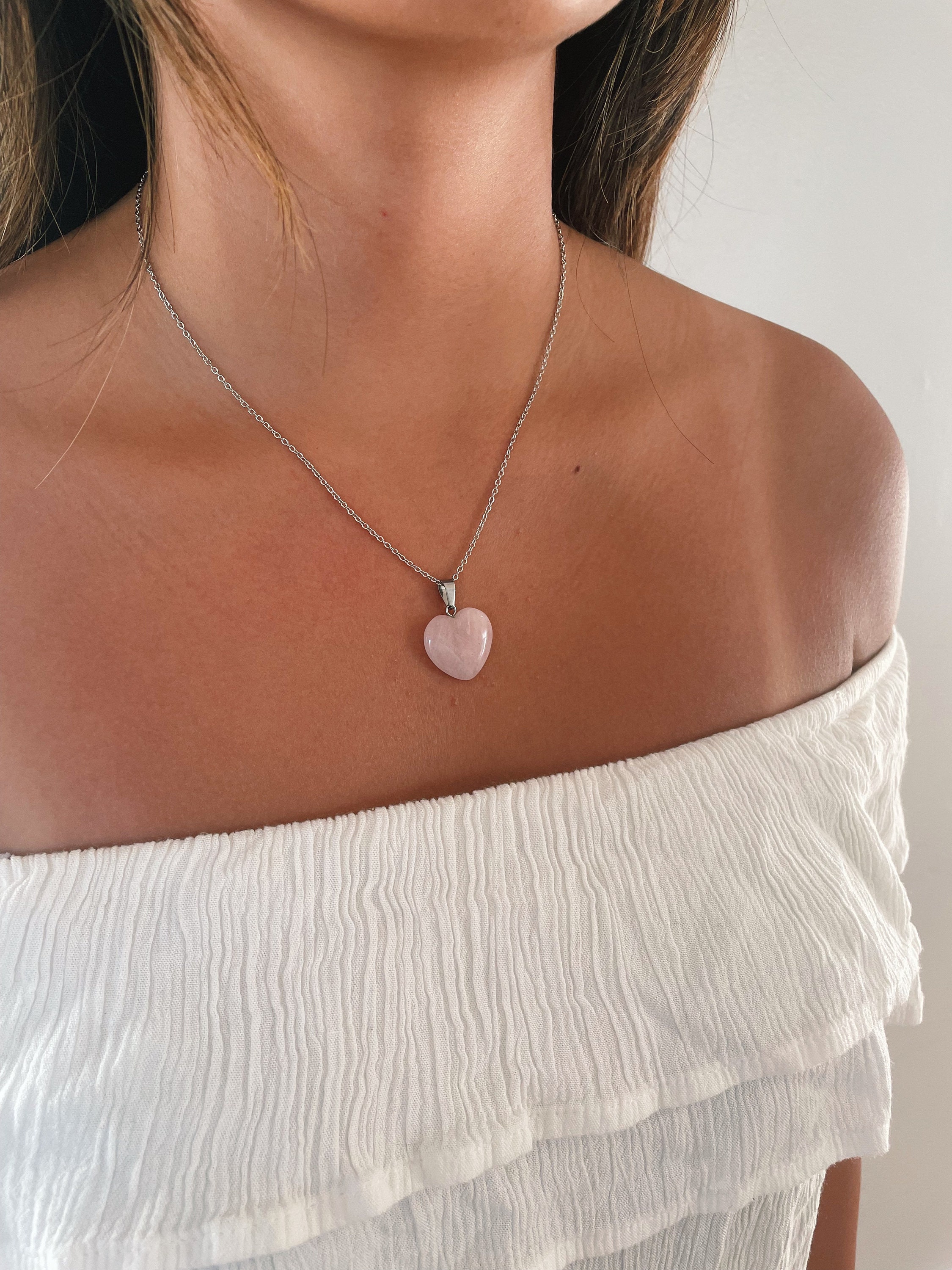 Rose Quartz Heart Necklace, Pink Healing Stone Crystal Silver Necklac…