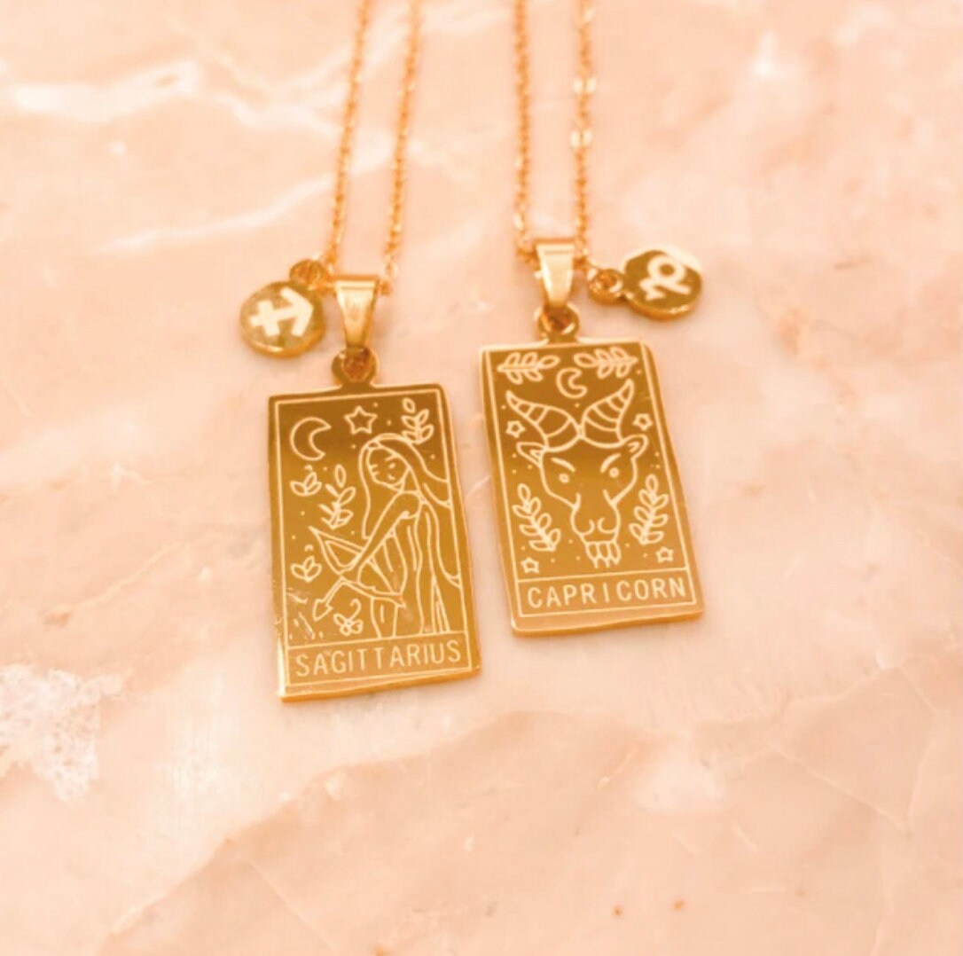 Zodiac Tarot Necklace - 18k Gold Plated Stainless Steel - Zodiac Gold…