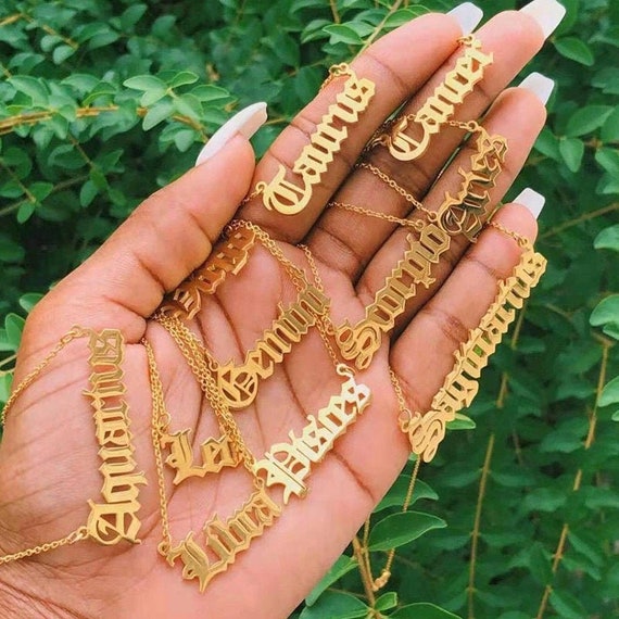 Zodiac Old English Necklace 18k Gold Plated Stainless Steel