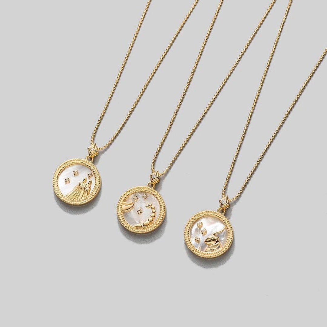 ZODIAC SIGN NECKLACE, White & Gold Horoscope Women's Coin Necklace