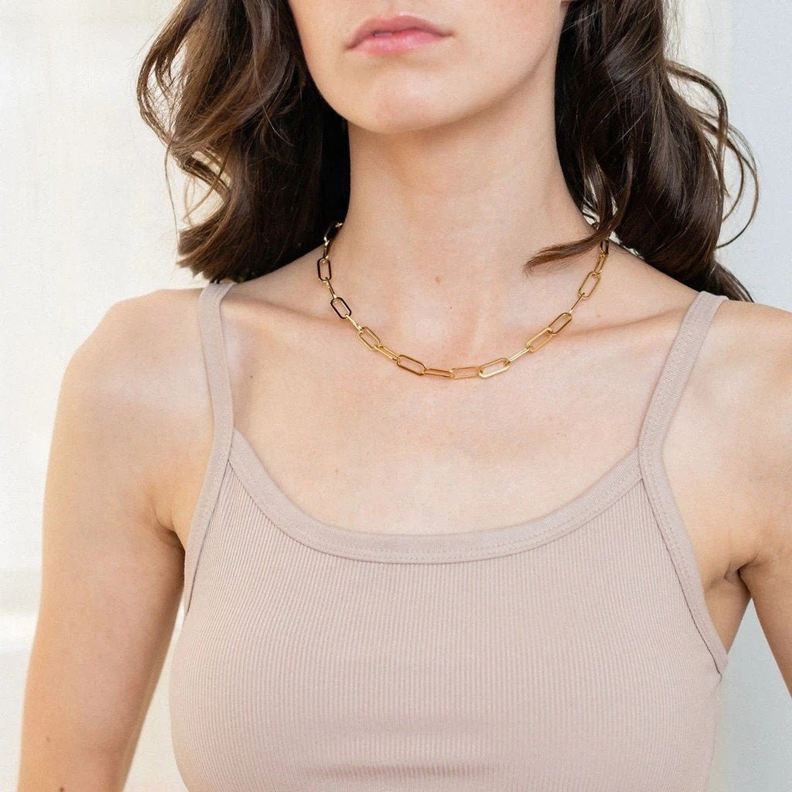 Paper Clip 18k Gold Necklace Choker Rectangle Link Chain Etsy