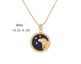 Aries Zodiac Sign Necklace, Black & Gold Horoscope Women's Jewelry, 12 Constellation Necklace Pendants, Zodiac Coin Necklace